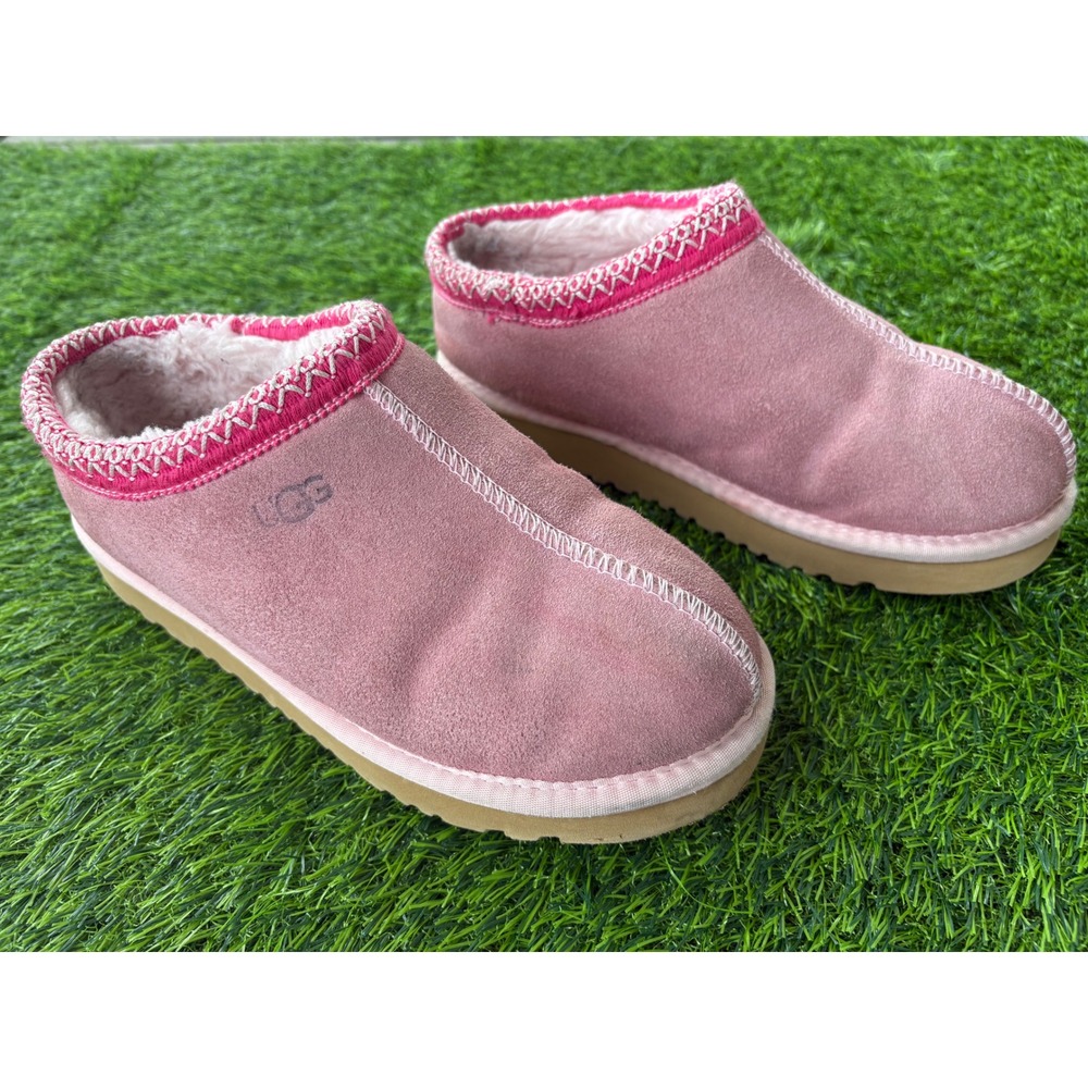 UGG Tasman Rose Pink Suede Slippers Women 7 Embroidered Braid Sheepskin Lining